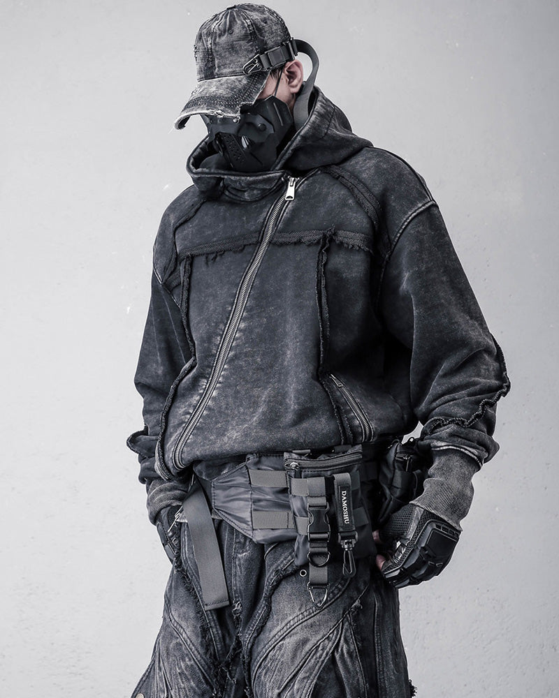 Washed Distressed Asymmetric Zip Techwear Hoodie