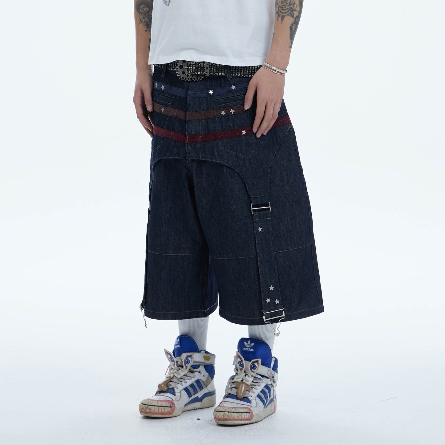 Star-Rivet Harness-Layered Denim Shorts