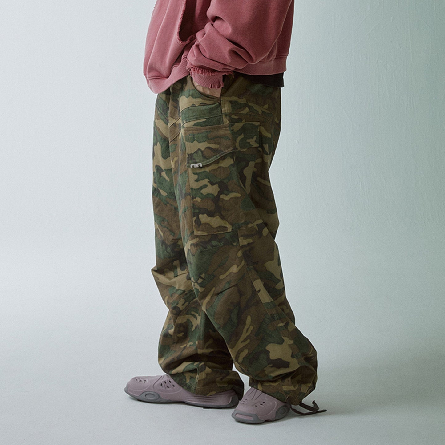 Wide-Leg Draw-String Camo Cargo Pants