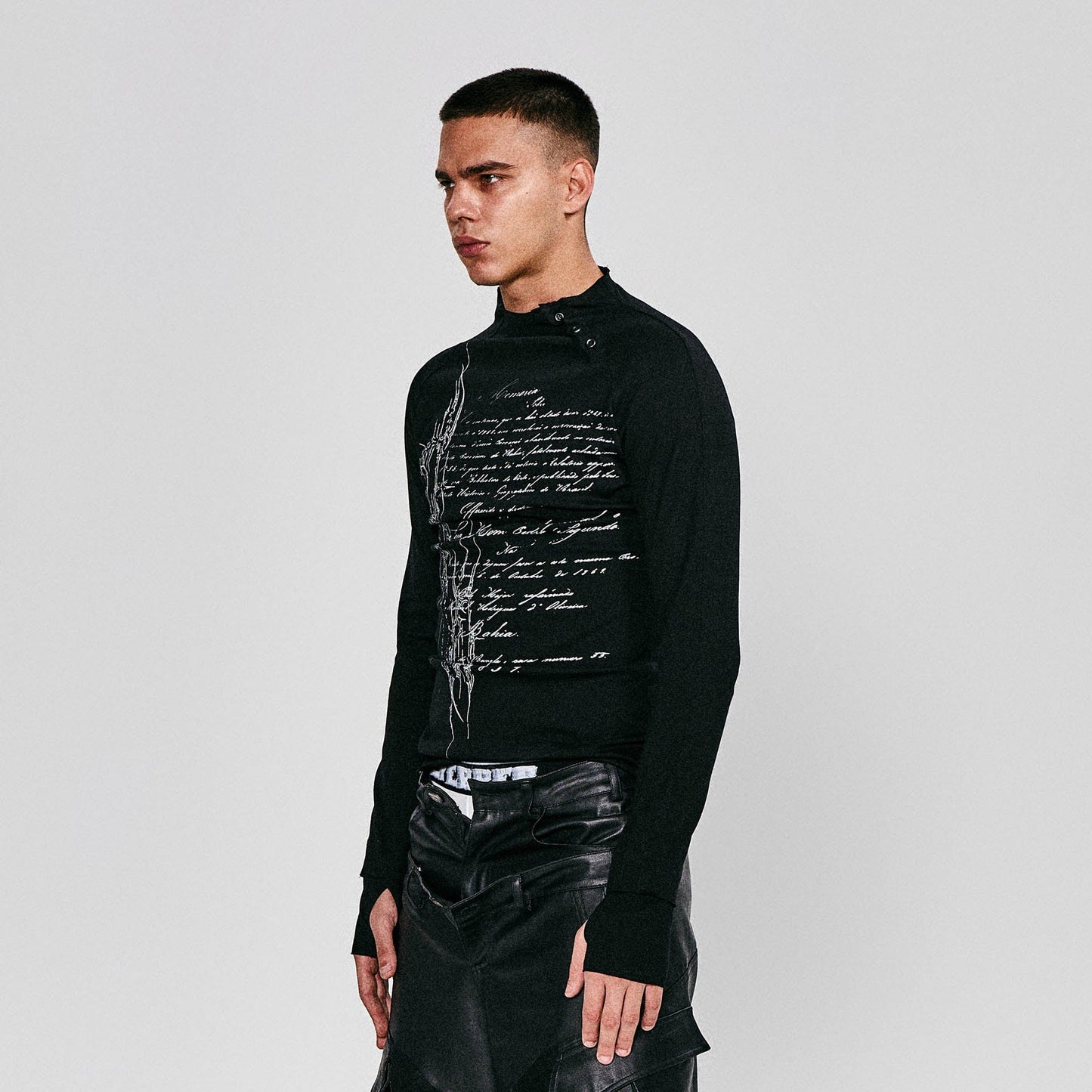 Gothic Script Graphic Asymmetrical Button Long-Sleeve Tee