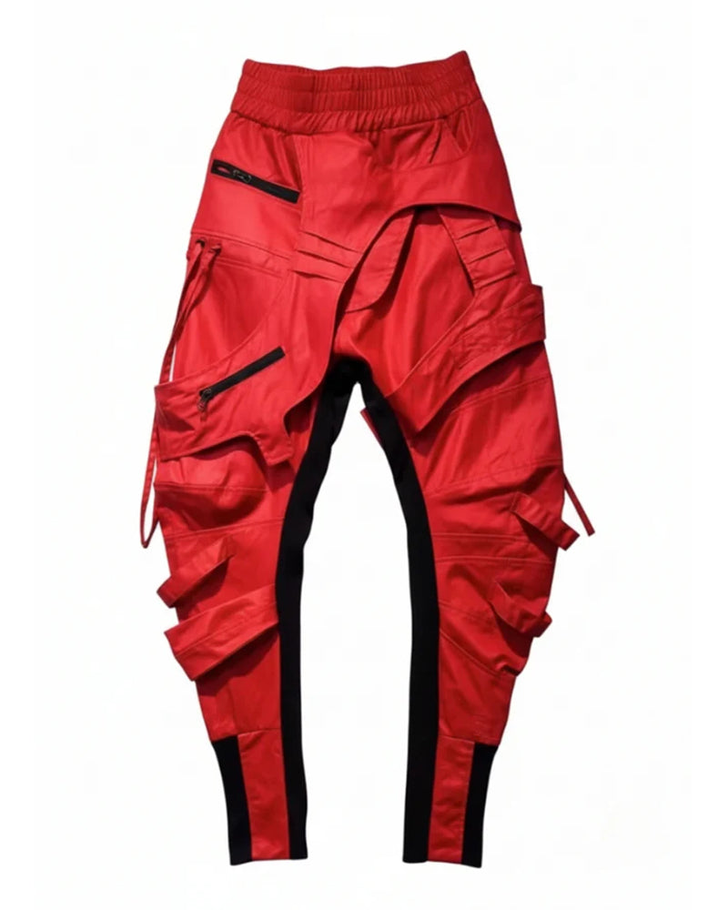 Asymmetric Waxed Red Techwear Pants