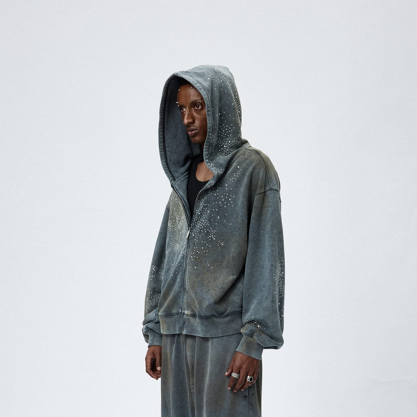 Diamond Distressed Zip-Up Hoodie
