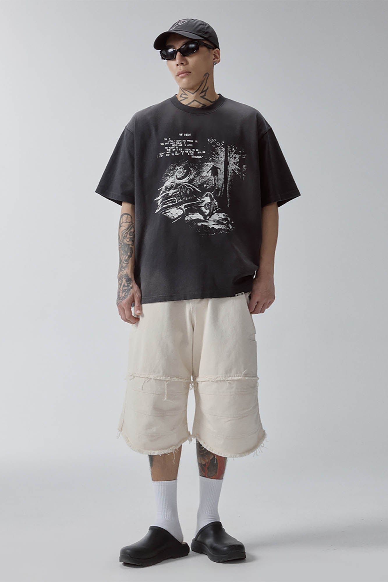 Layered Spliced Frayed-Edge Shorts