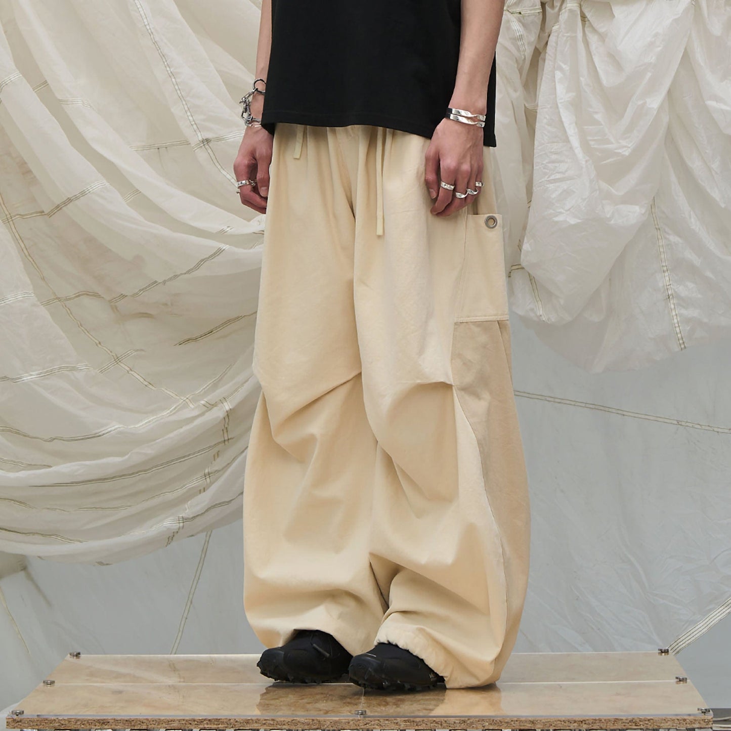 Spliced Crinkled Oversized Cargo Pants