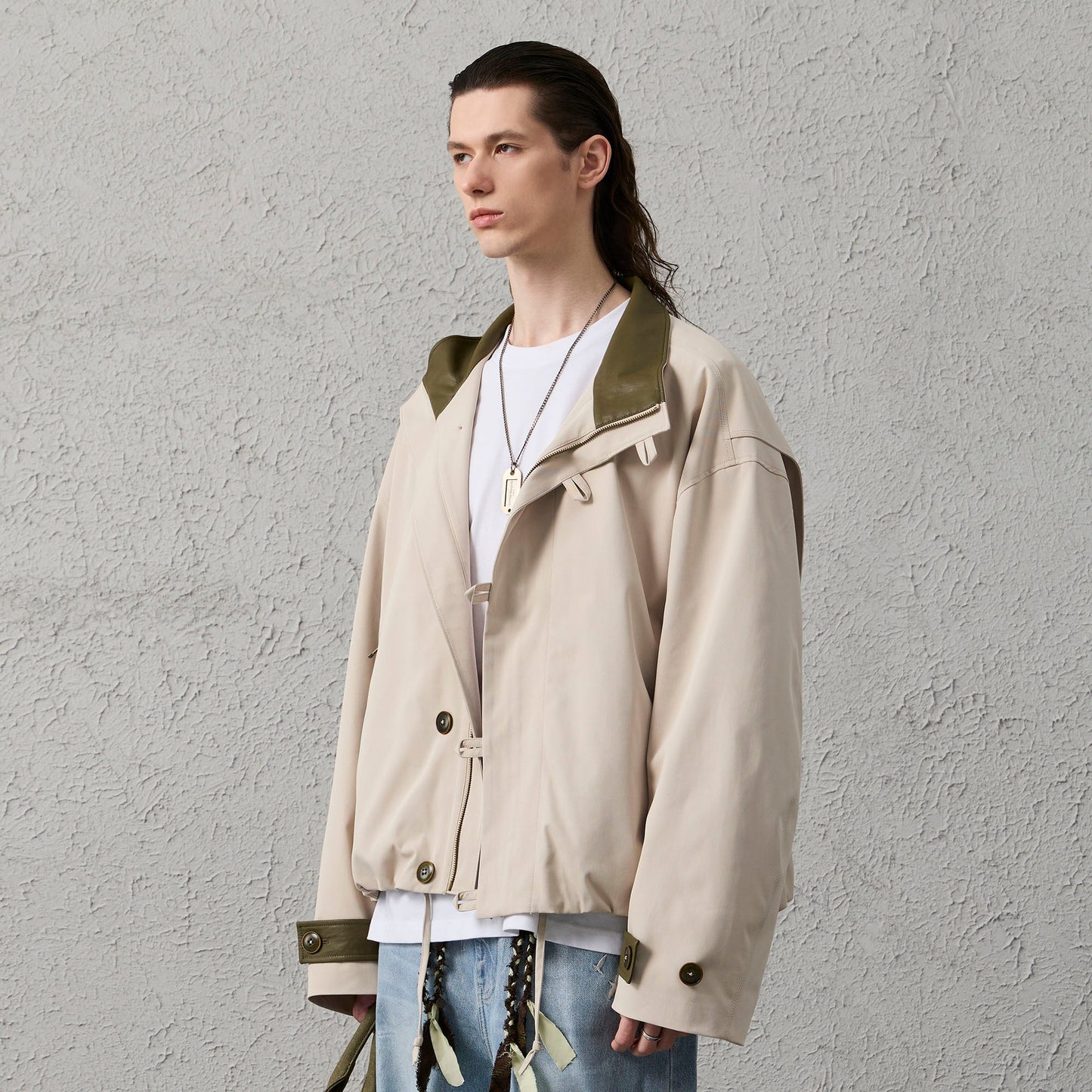 Stand Collar PU Drawstring Jacket