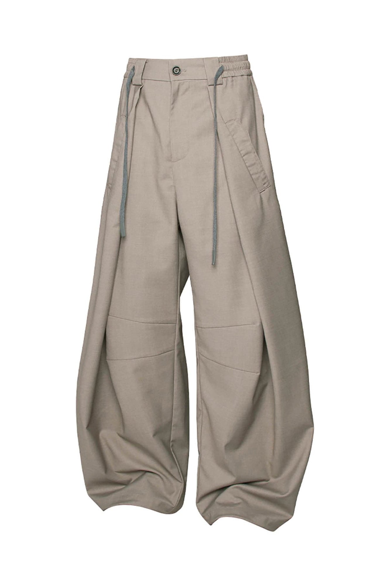 Pleated Drawstring Curved Wide-Leg Trousers