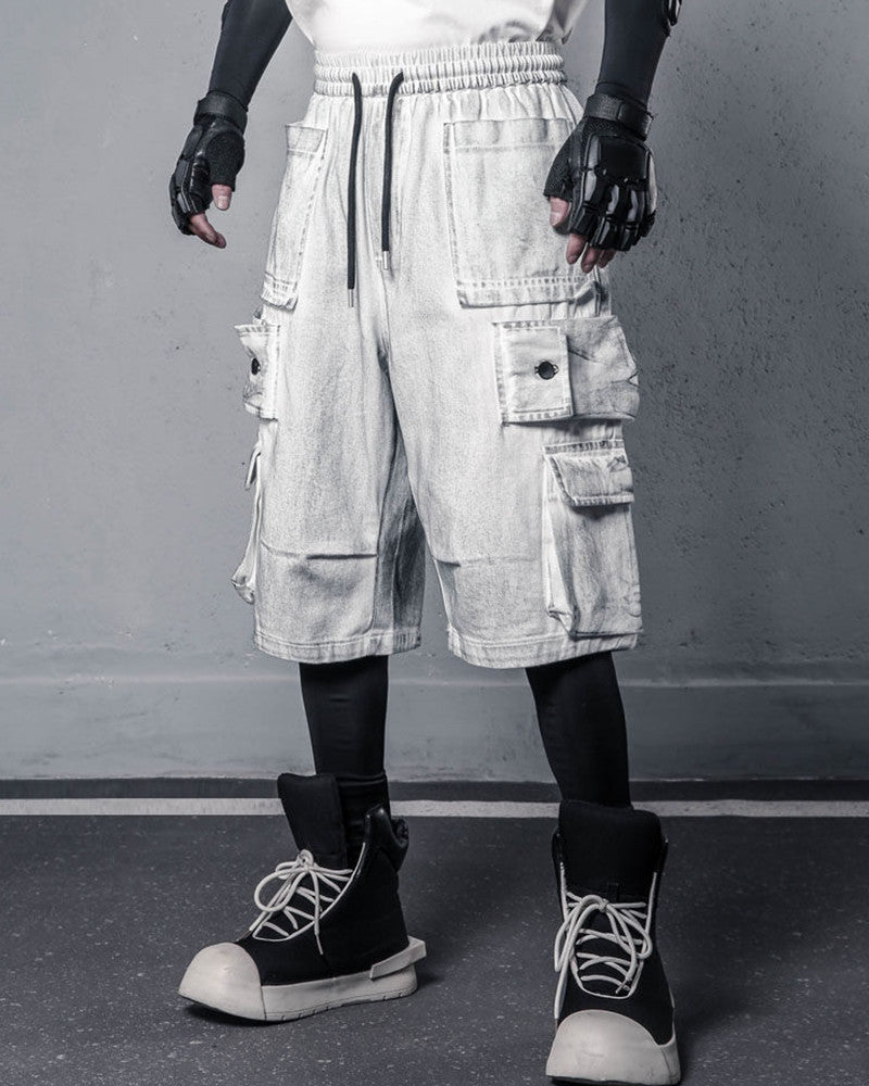 Washed Denim Multi-Pocket Cargo Shorts