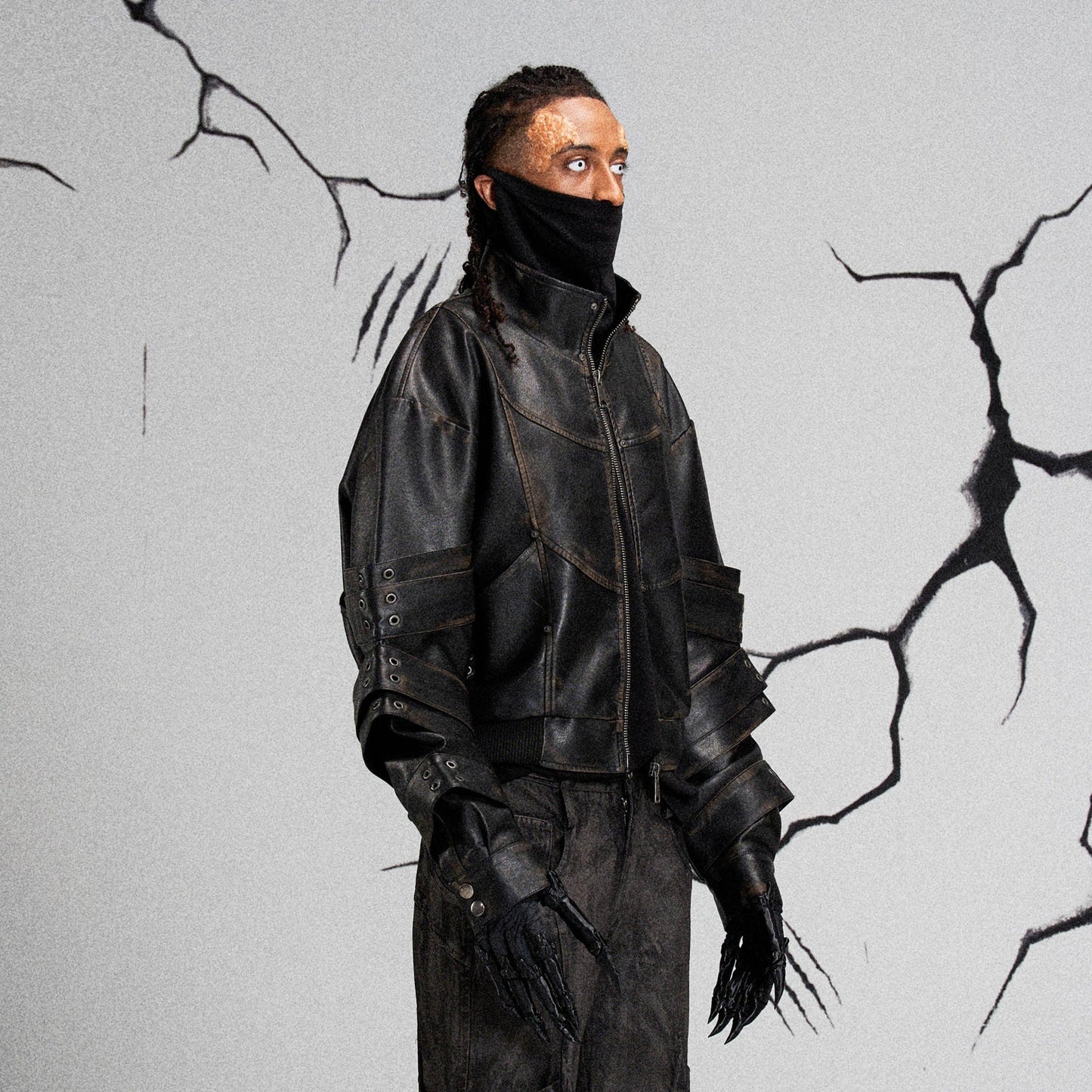 Mutation Layered Armor Spliced Faux Leather Jacket Black