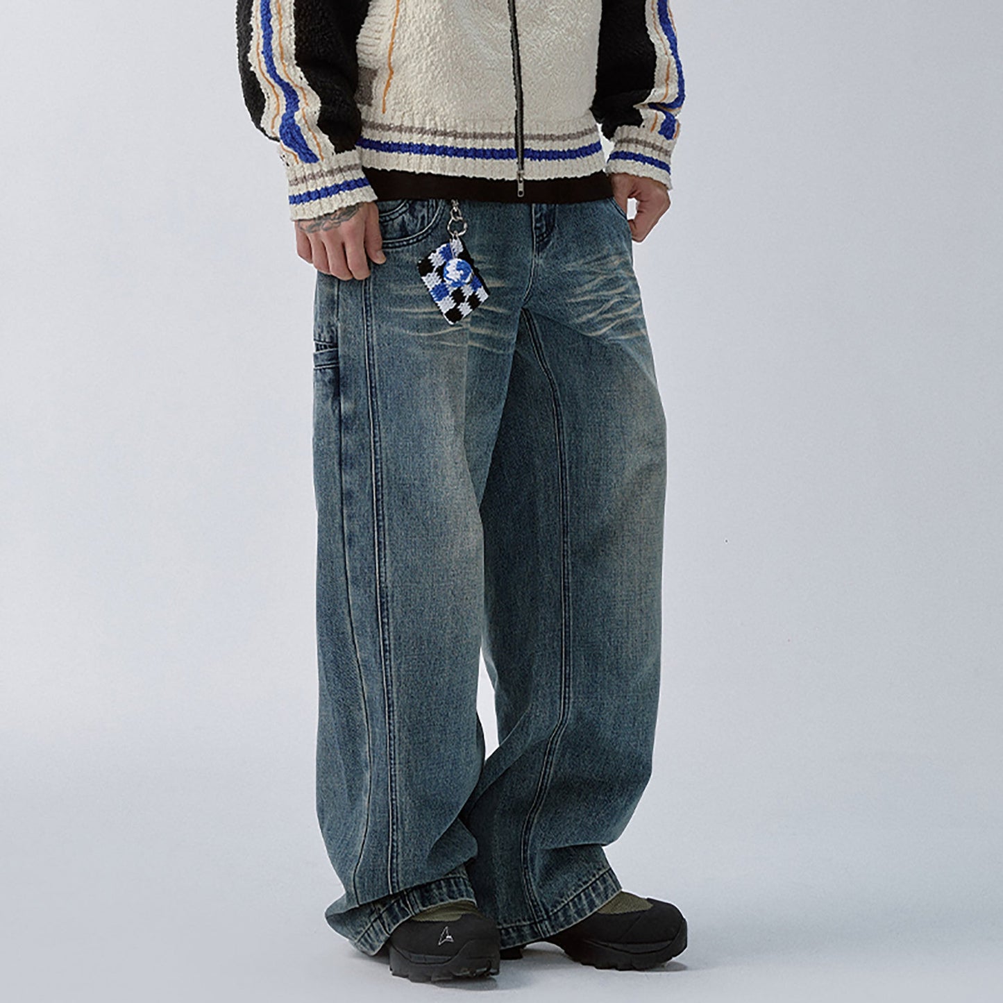 Double Waistband Washed Wide-Leg Jeans