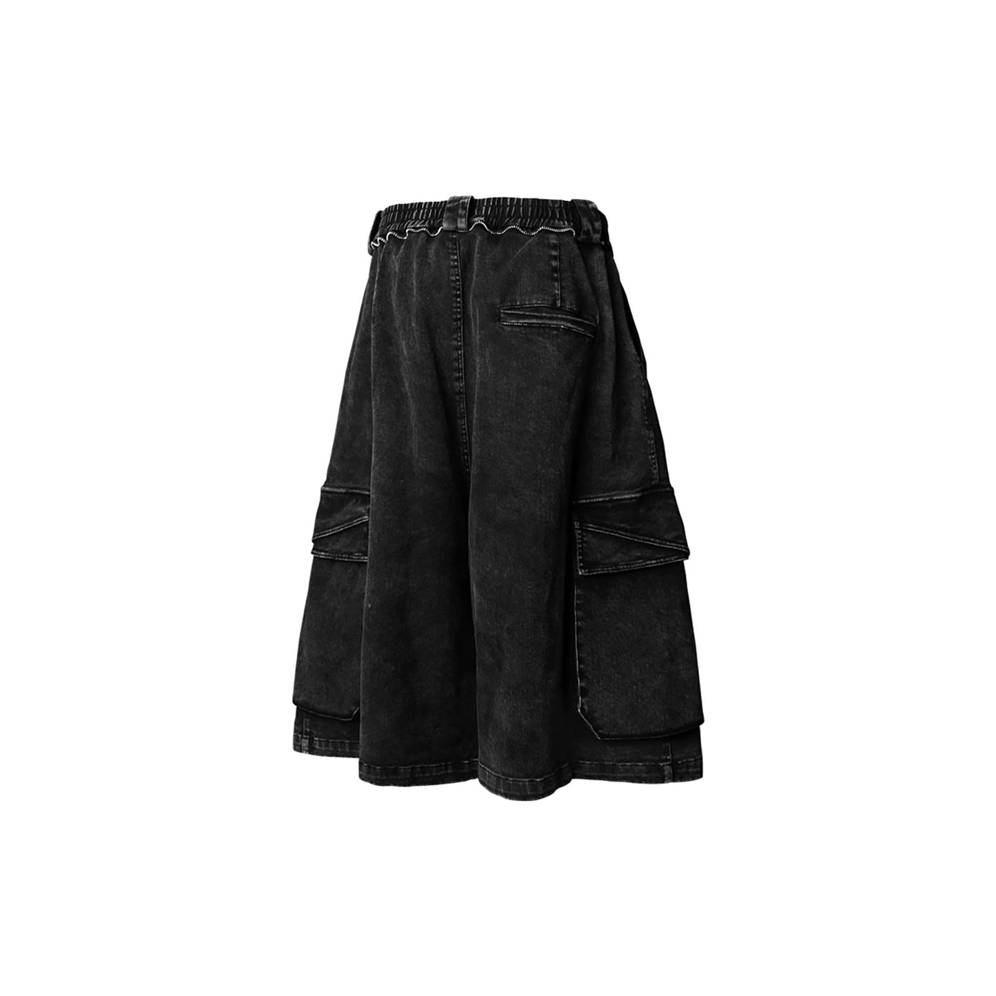 Detachable Scarf Washed Multi-Pocket Wide-Leg Shorts Black