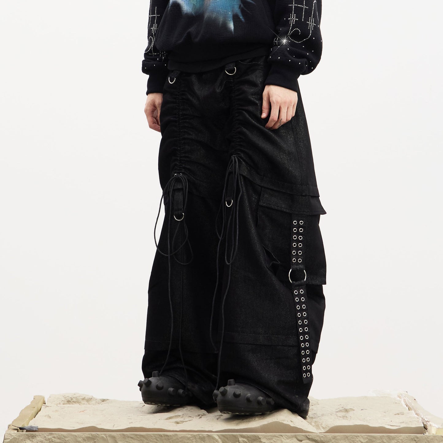 Drawstring Ruched Coated Cargo Jeans