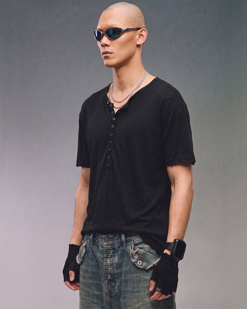 Minimal Raw Edge Button Short Sleeve T-Shirt