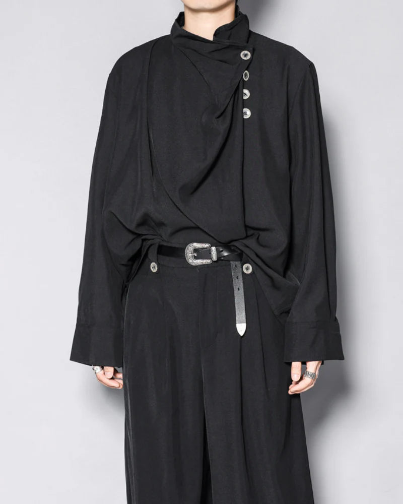 Modern Japanese Half-Stand Draped Collar Long-Sleeve Shirt