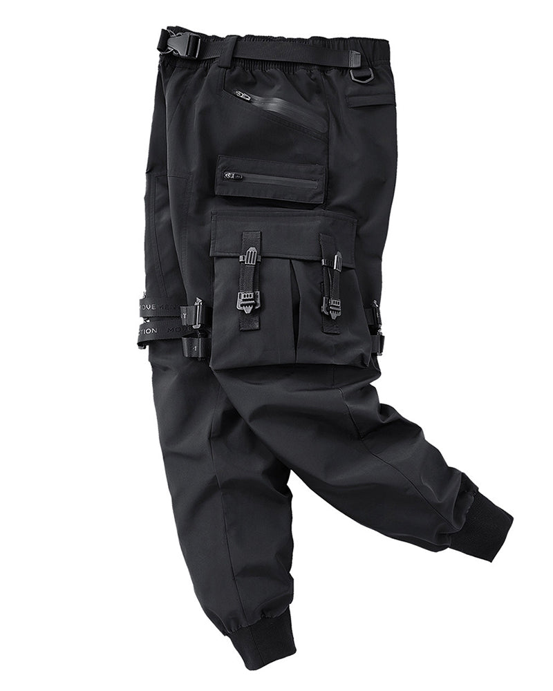 Functional Ribbon Pocket Black Cargo Pants