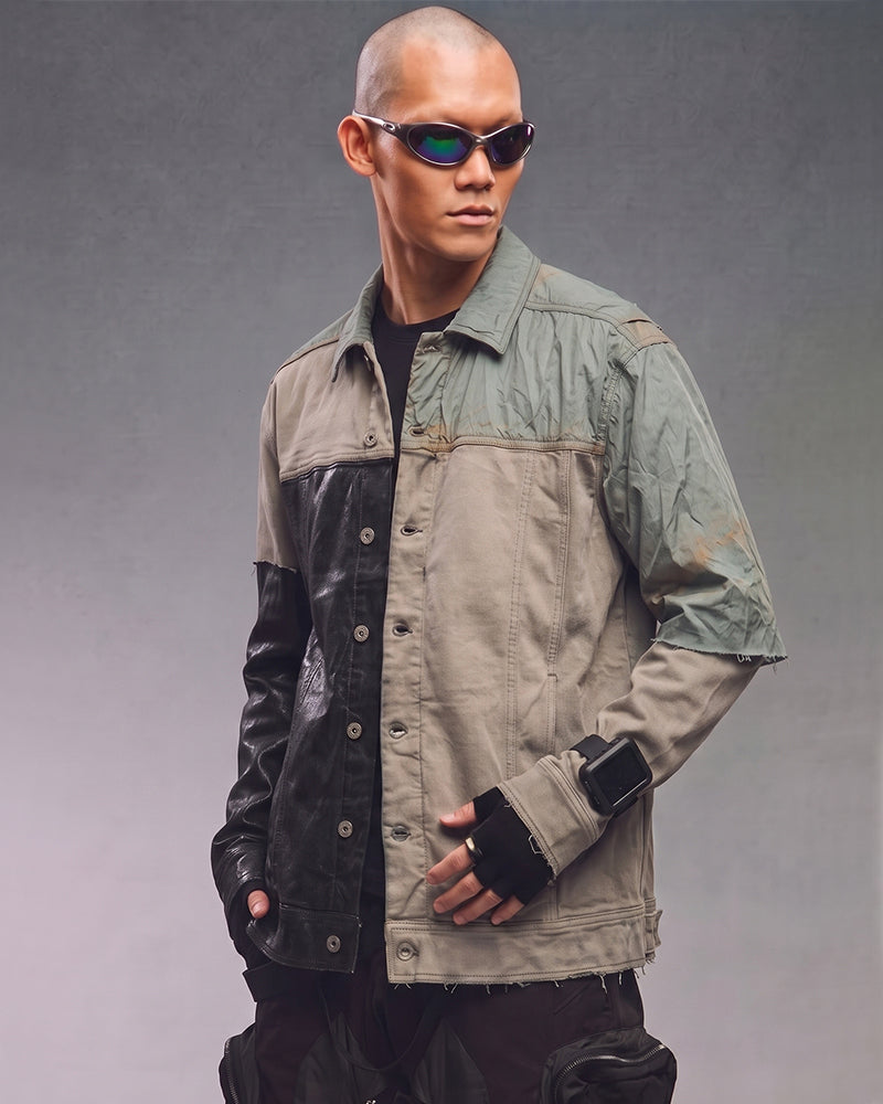 Post‑Apocalyptic Waxed Patchwork Deconstructed Denim Jacket