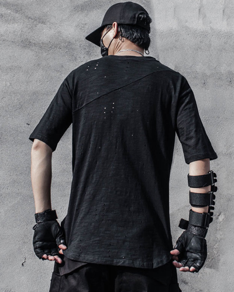 Diagonal Zip Distressed Techwear T-Shirt