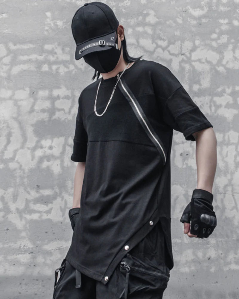 Functional Irregular Stitching Zipper Triangle Hem T-Shirt