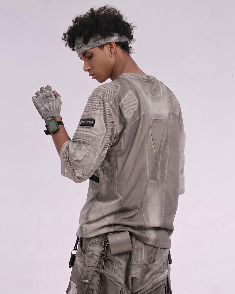 Dystopian Dirty-Dye Mesh Velcro Pocket Short Sleeve Tee