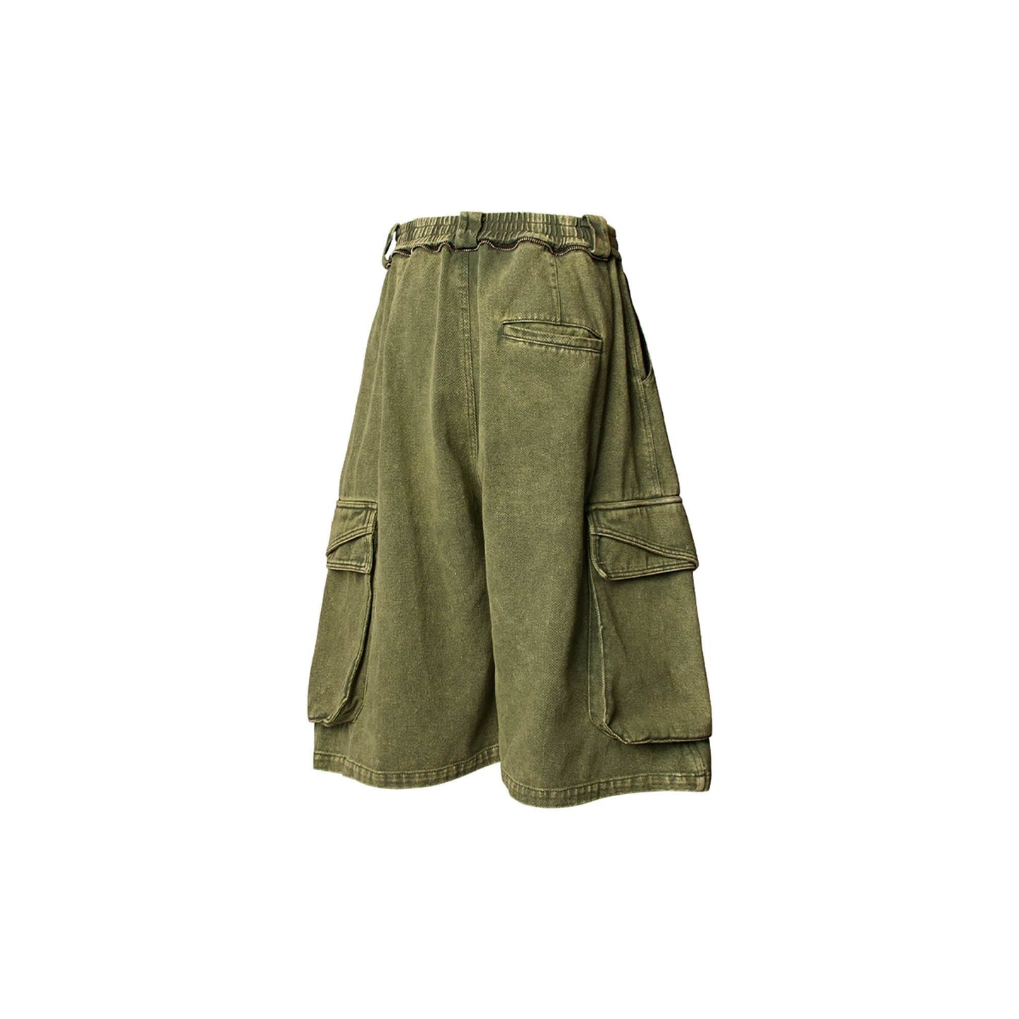 Detachable Scarf Washed Multi-Pocket Wide-Leg Shorts Green