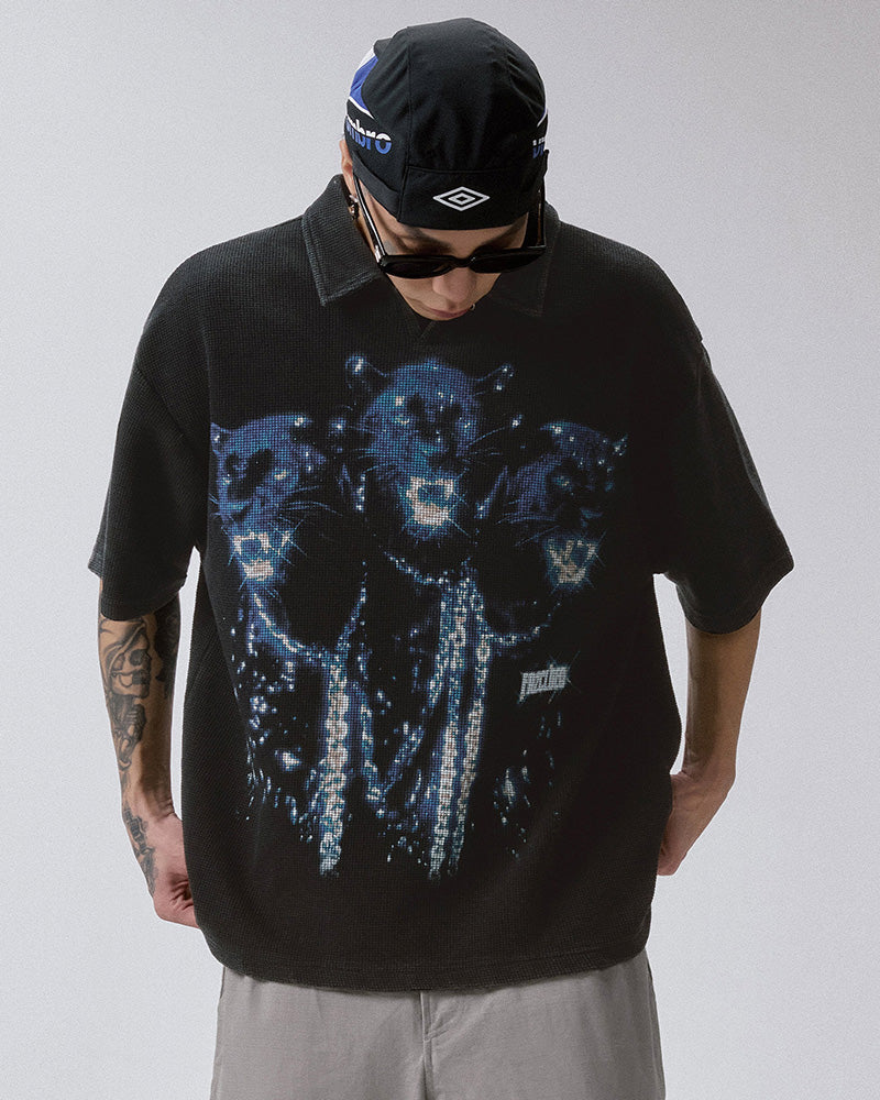 Washed Vintage Waffle Knit Polo T-Shirt