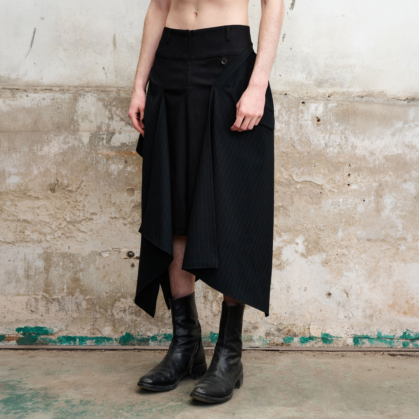 Asymmetric Draped Panel Pinstripe Skort Shorts