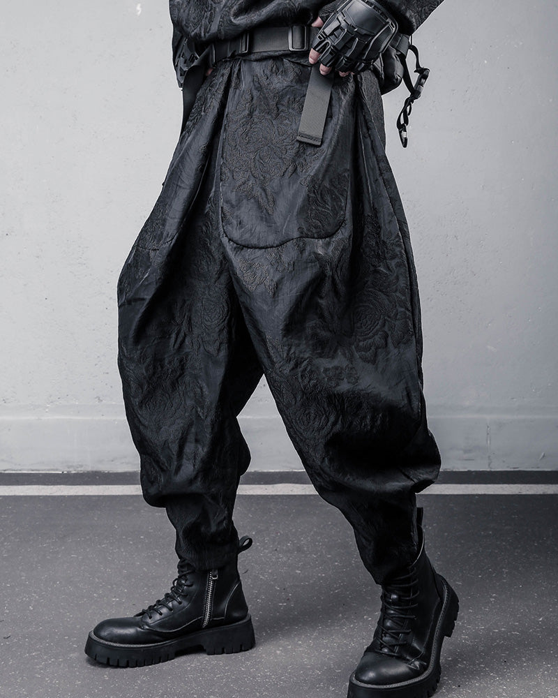 Embossed Floral Techwear Harem Pants