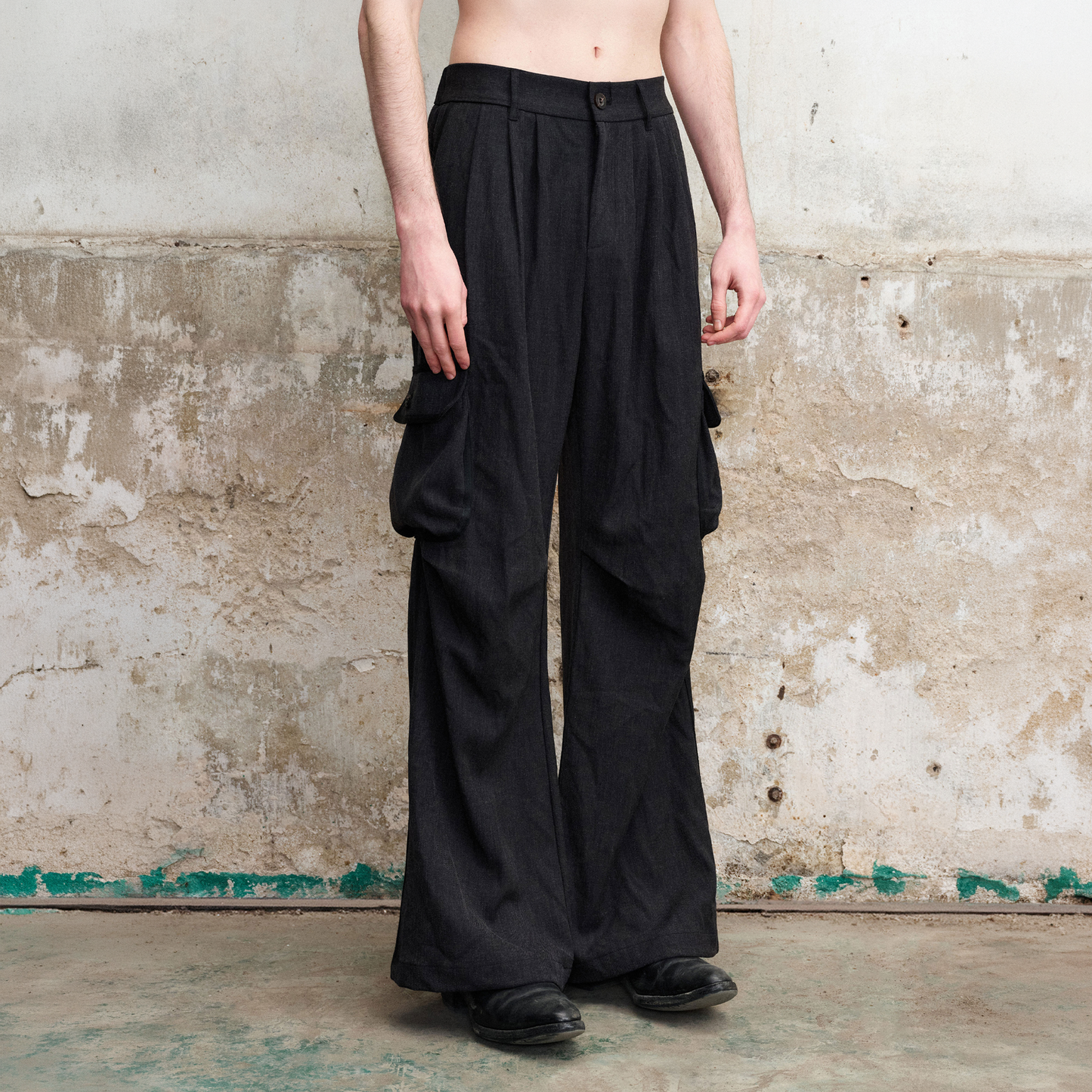 Pleated Cargo Flare Pants