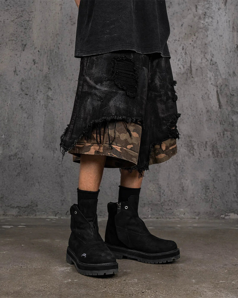 Double-Layered Ripped Camo Shorts Black