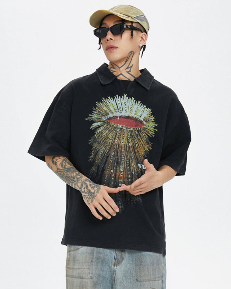 Washed Vintage Radiant Eye Print Polo T-Shirt