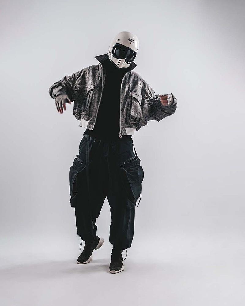 Acid-Wash Cropped Bomber Utility Jacket