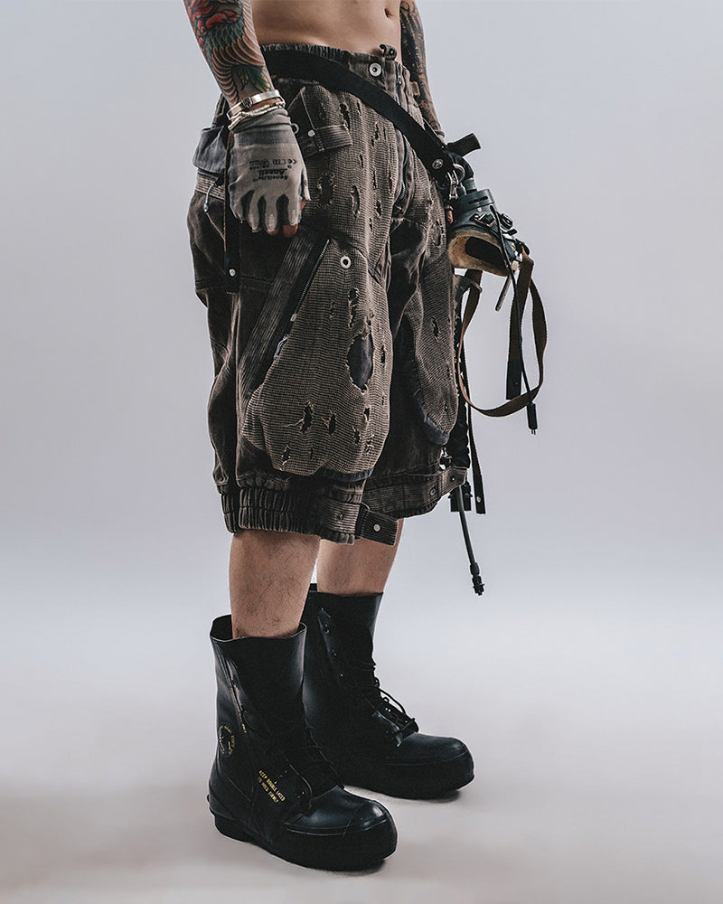 Post-Apocalyptic Distressed Mesh-Panel Shorts