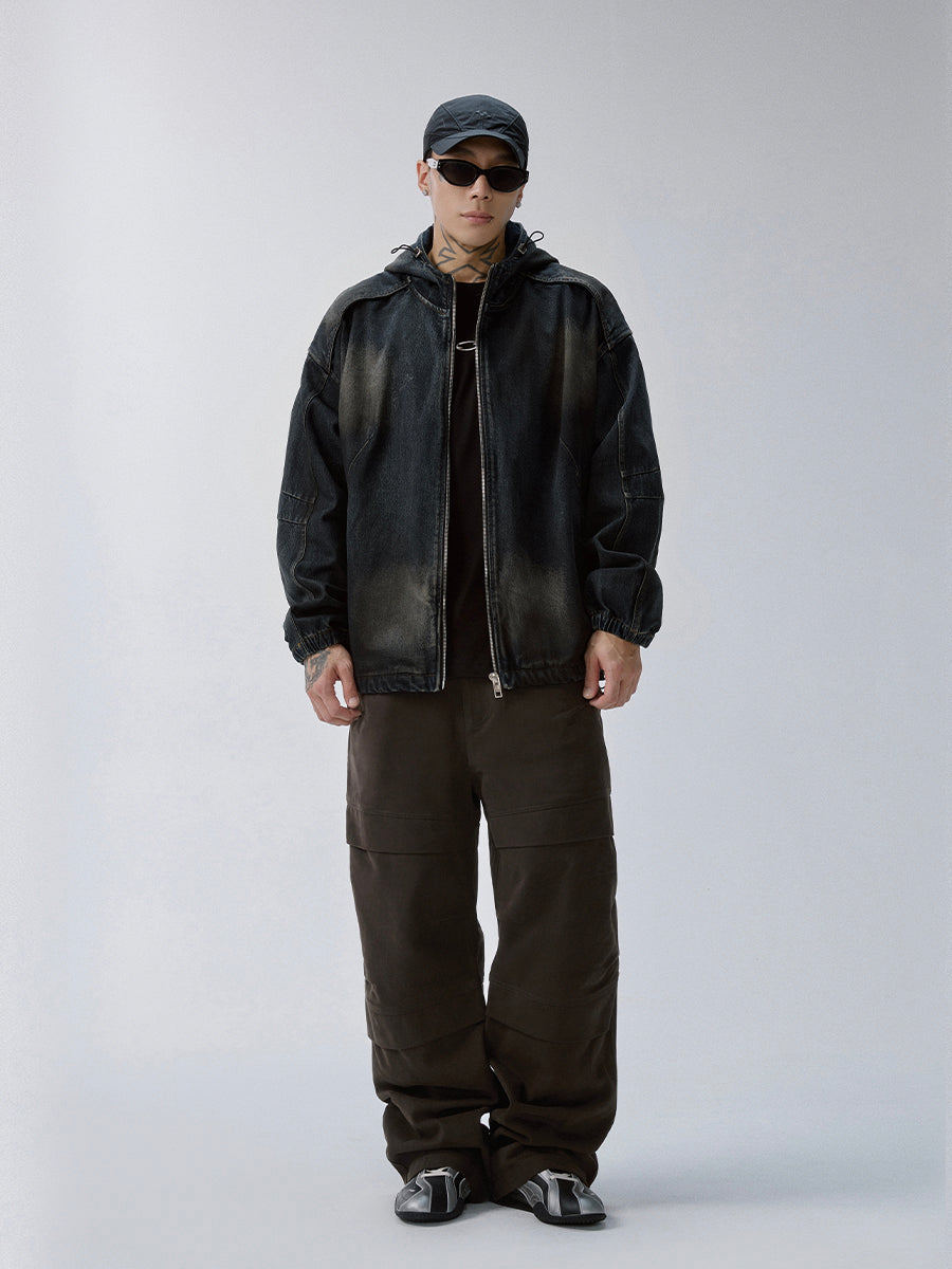 Washed Paneled Denim Hooded Jacket