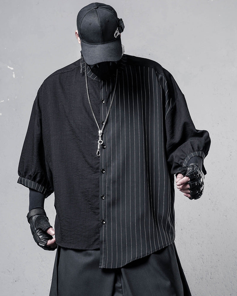 Japanese Style Asymmetrical Striped Patchwork Shirt