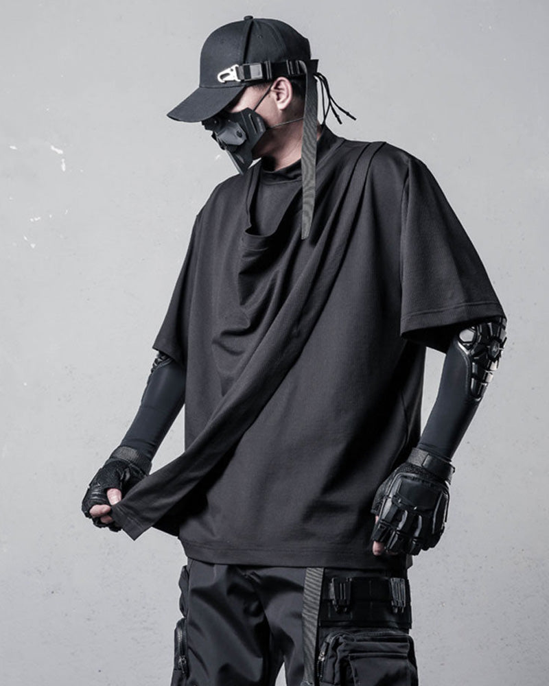 Techwear Draped Neck Asymmetrical Hem T-Shirt
