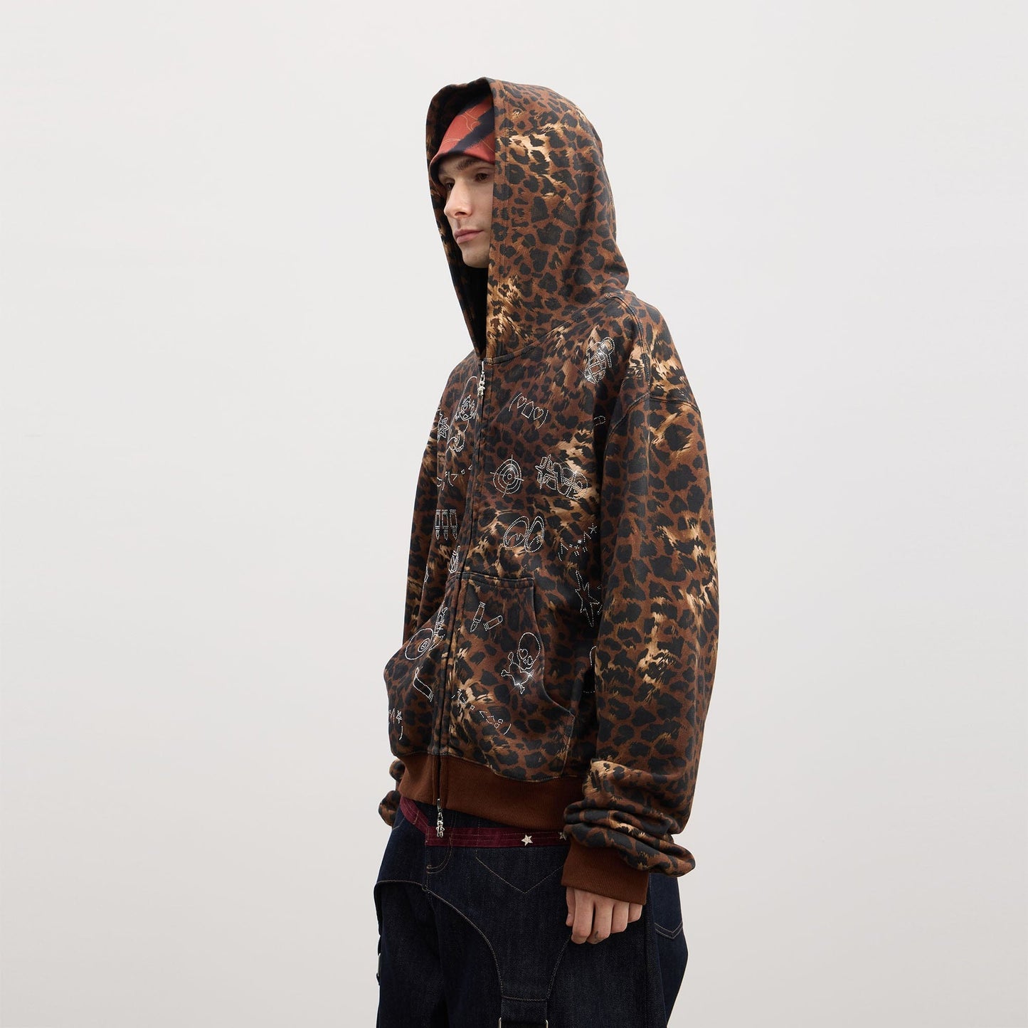 Cartoon Rhinestone Leopard Zip-Up Hoodie