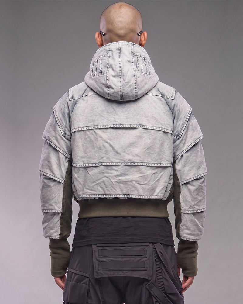 Post-Apocalyptic Distressed Pleated Cropped Hooded Jacket