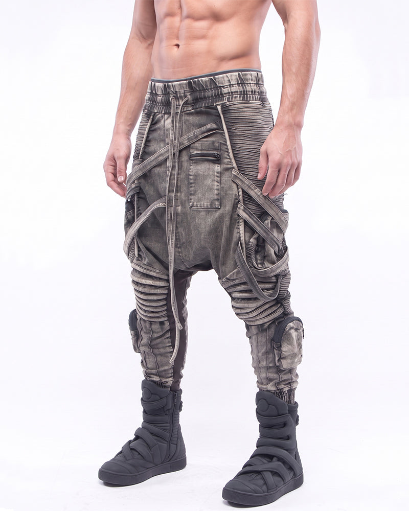Wasteland Distressed Asymmetric Strap Multi-Cargo Pants