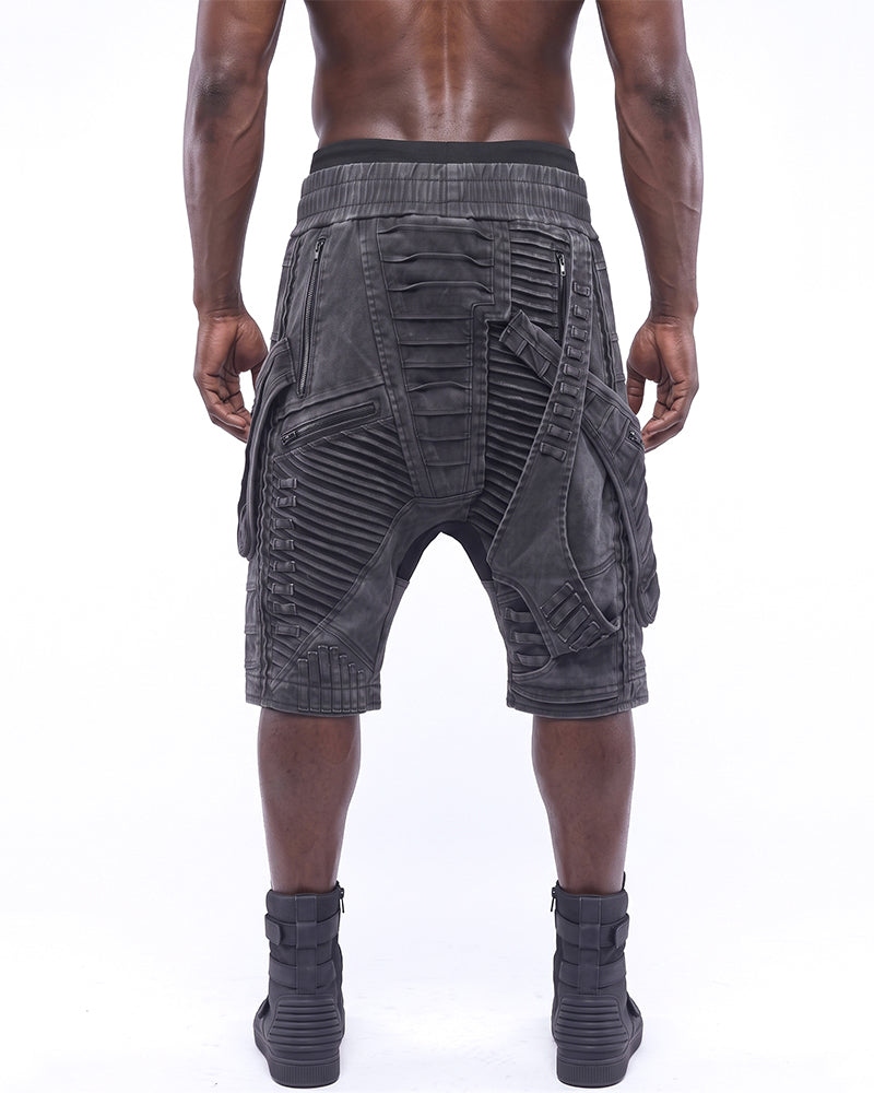 Wasteland Asymmetric Pleated Multi-Zip Drop-Crotch Shorts