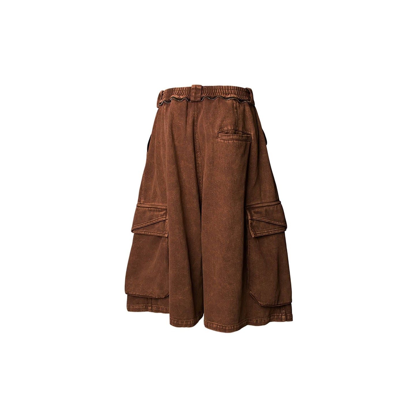 Detachable Scarf Washed Multi-Pocket Wide-Leg Shorts Brown