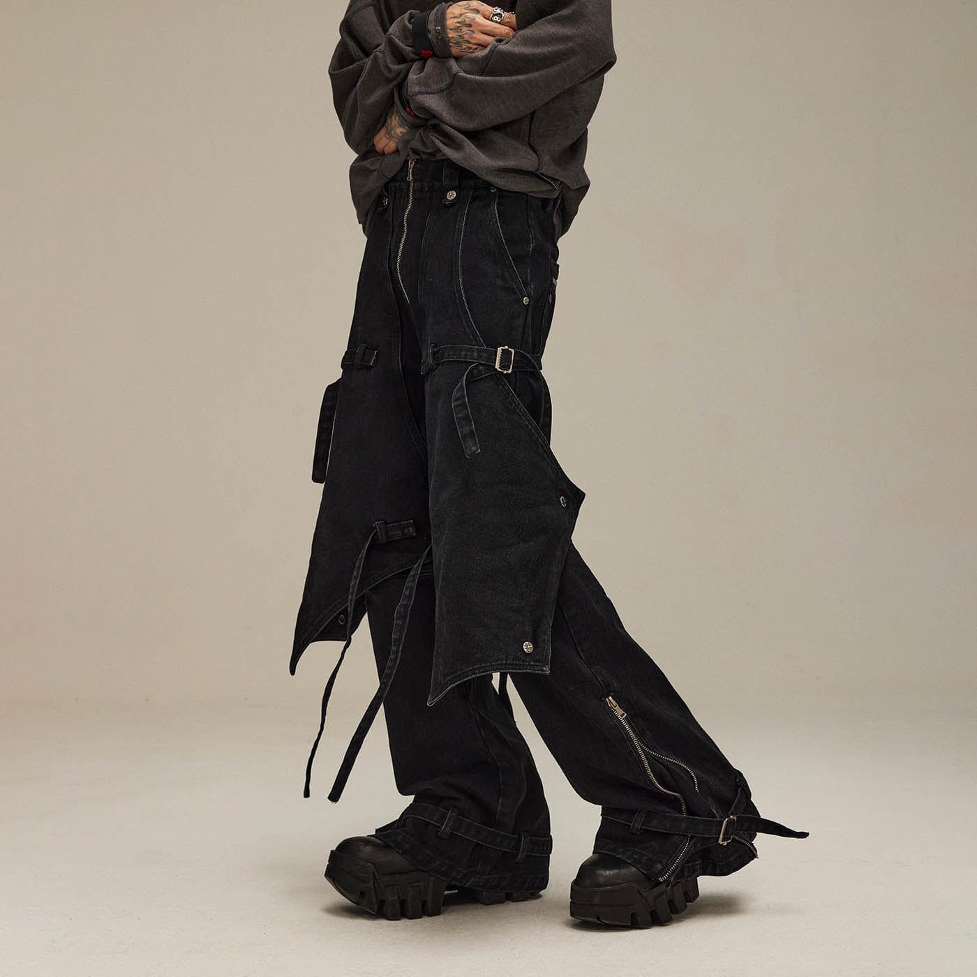 Spliced Faux-Layered Strap Zipper Pants