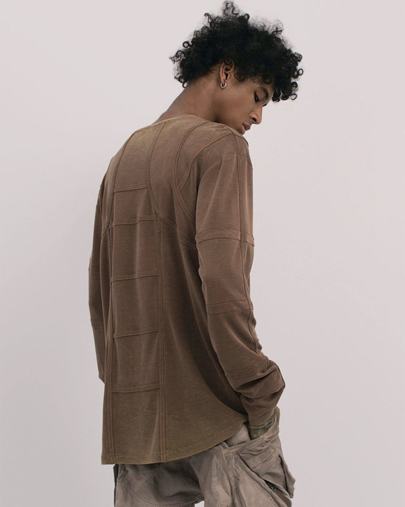 Washed Paneled Crew Neck Long-Sleeve Tee