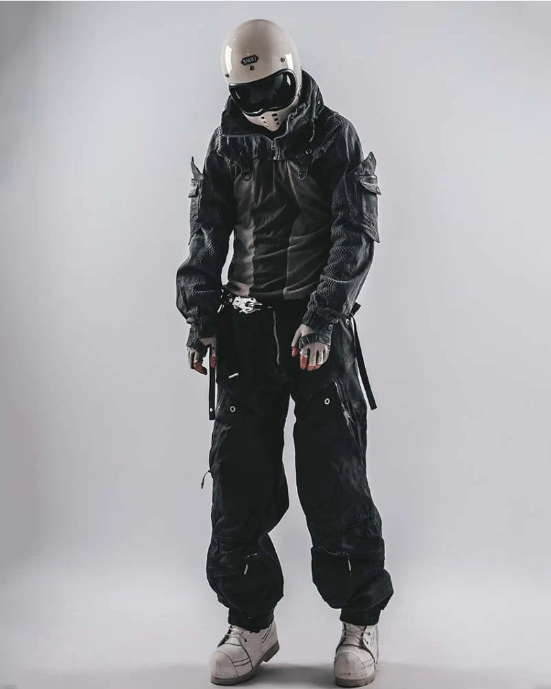 Post-Apocalyptic Hooded Mesh Color-Block Cape Jacket
