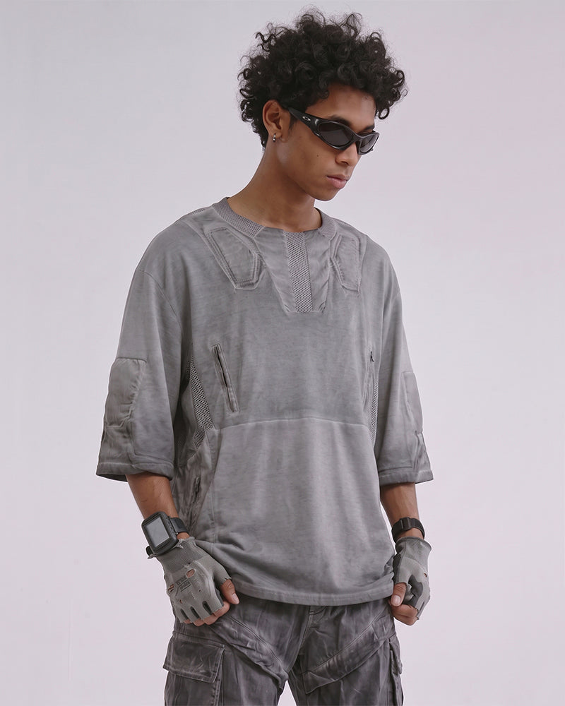 Post-Apocalyptic Dirty-Dye Mesh Panel Tactical T-Shirt