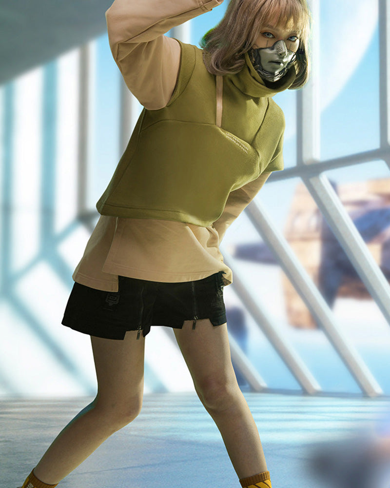 Cyberpunk Outfits Layered Fleece-Lined High-Neck Sweatshirt