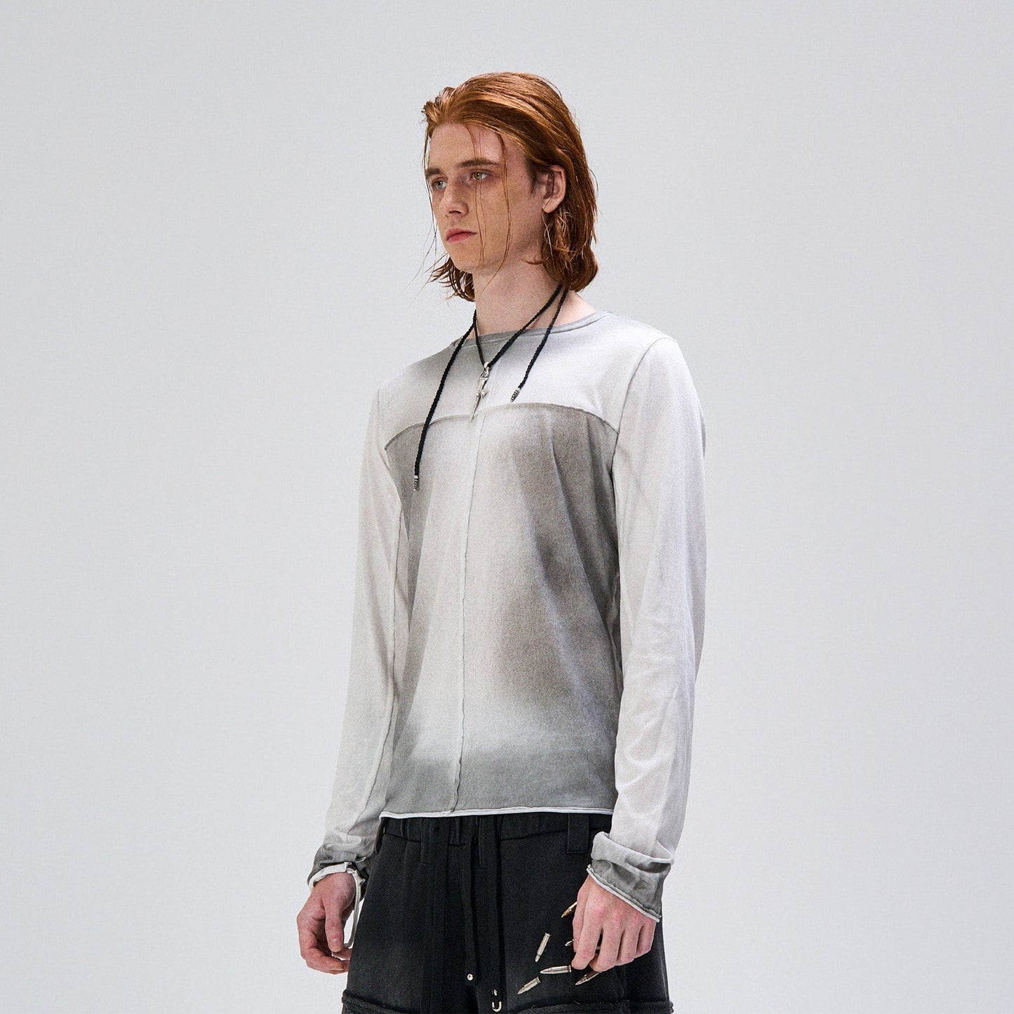 Washed Gradient Cross-Panel Raw-Edge Long-Sleeve Tee