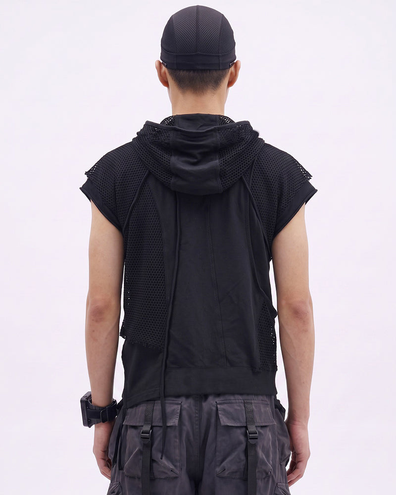 Post-Apocalyptic Mesh-Patchwork Diagonal-Zip Hooded Sleeveless T-Shirt