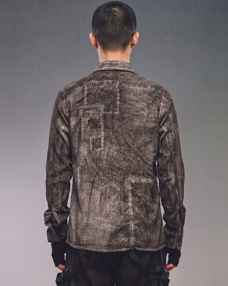 Post‑Apocalyptic Dirty Wash Distressed Pleated Shirt