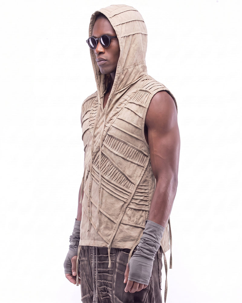 Wasteland Distressed Pleated Asymmetric Sleeveless Hooded Vest