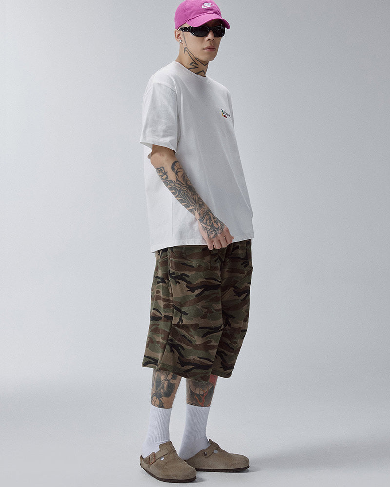 Washed Camo Oversized Curved Knee Shorts