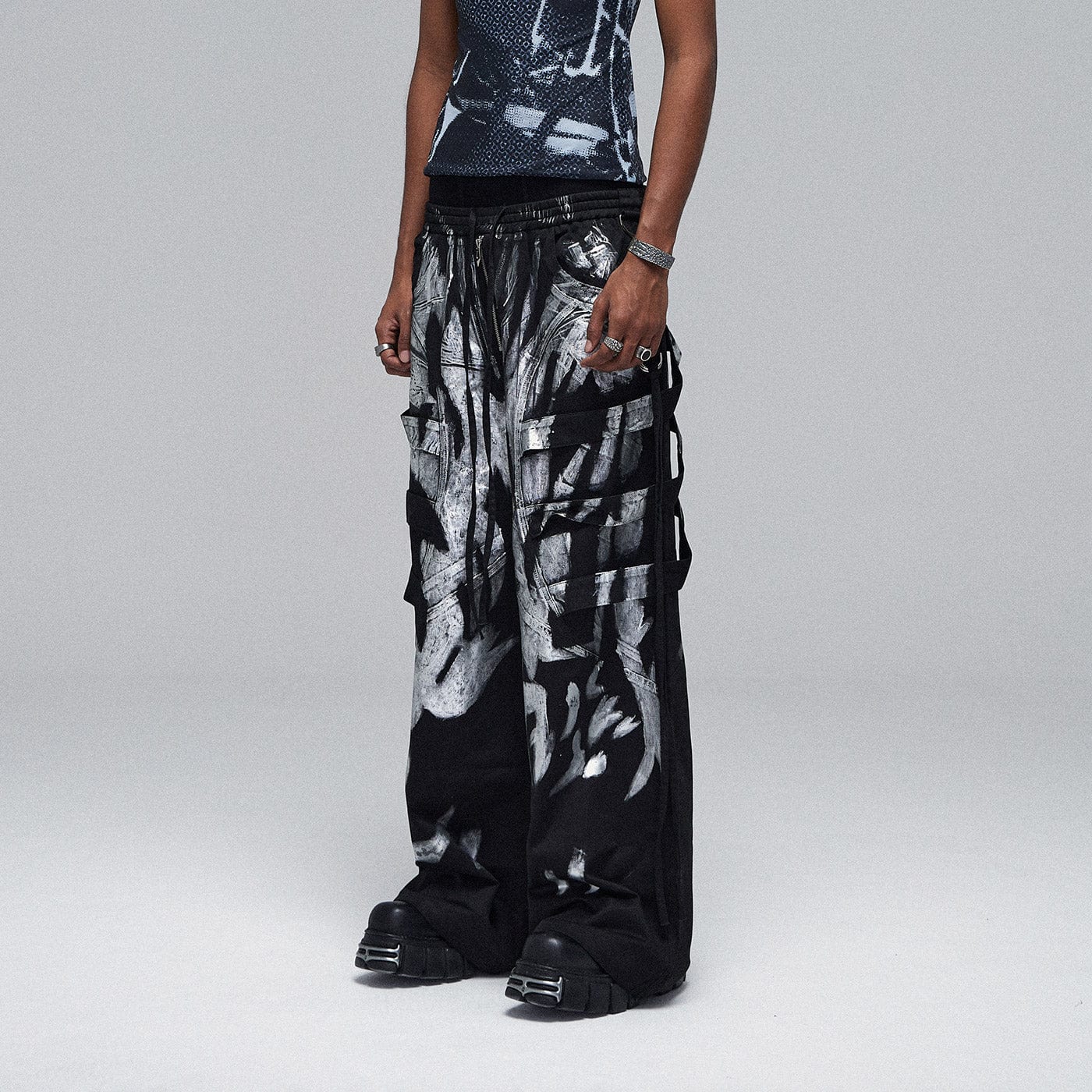 Multi-Layered Striped Graffiti Cargo Pants